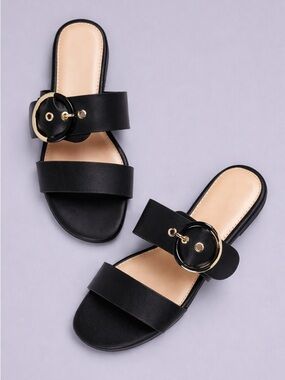 Black square toe double band strap sandals slides